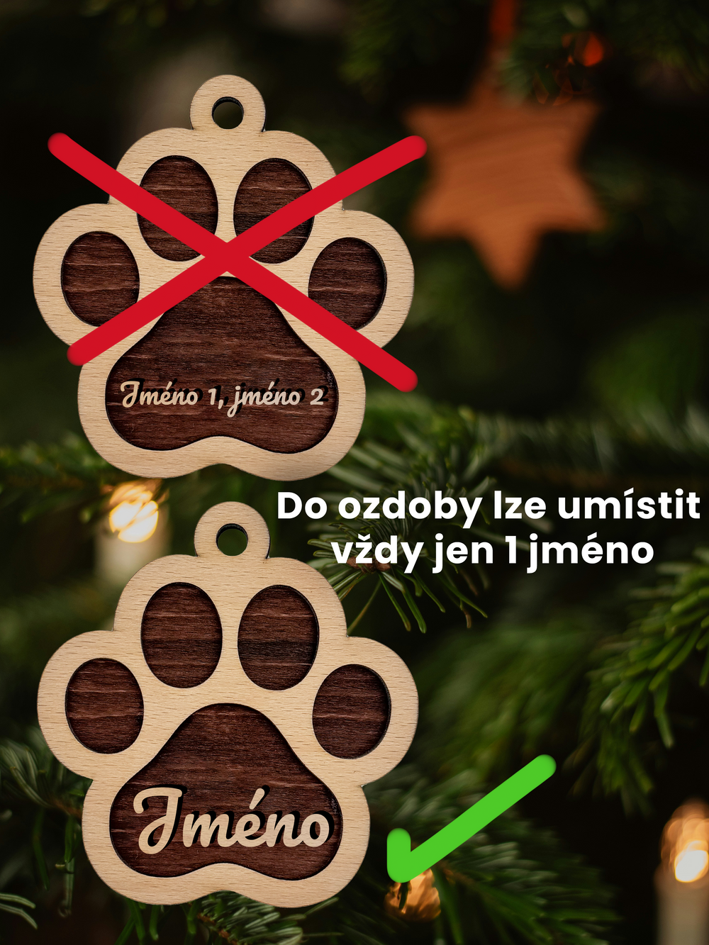 Dřevěná vánoční ozdoba – Kočičí tlapka se jménem