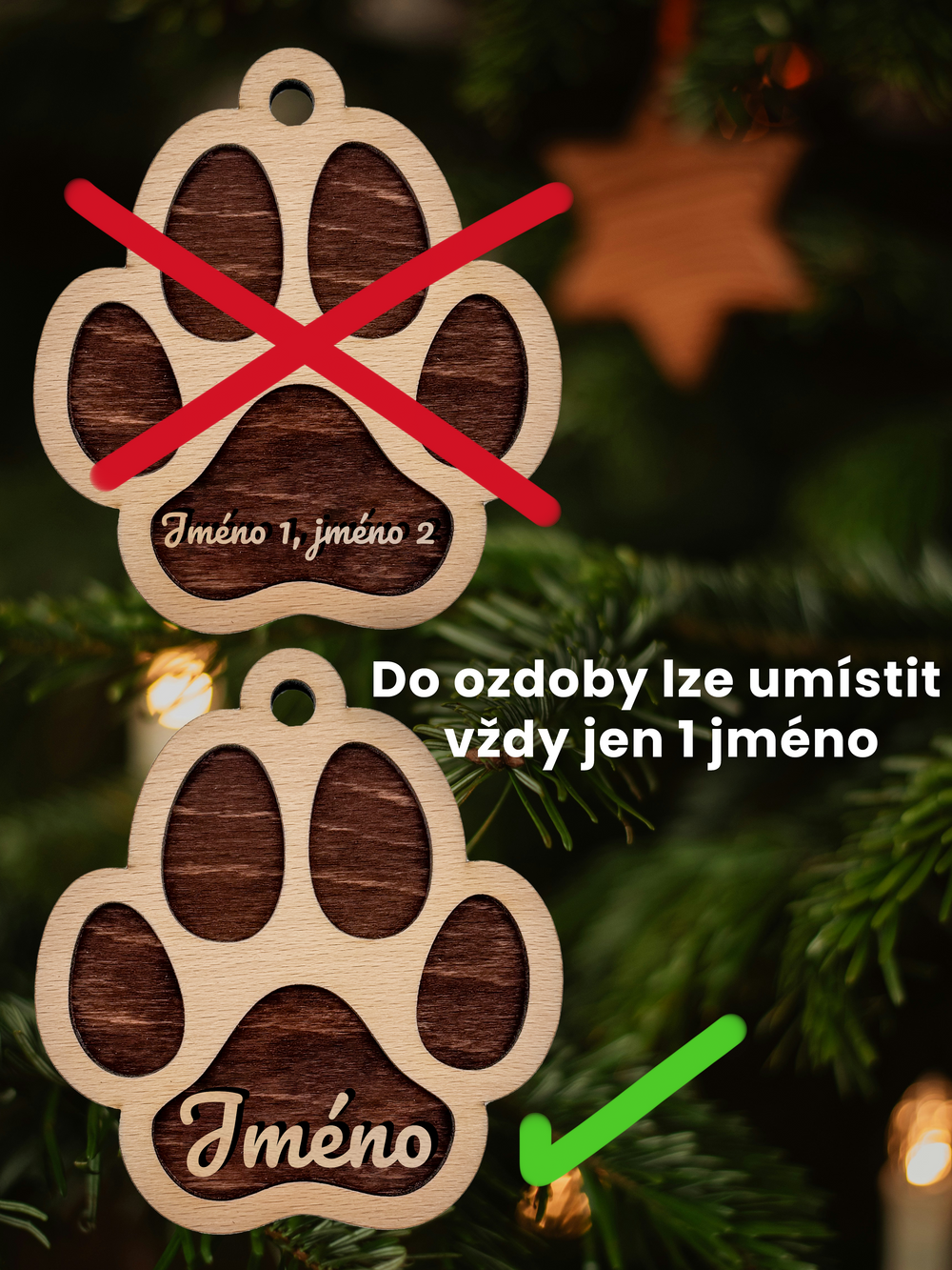 Dřevěná vánoční ozdoba – Psí tlapka se jménem