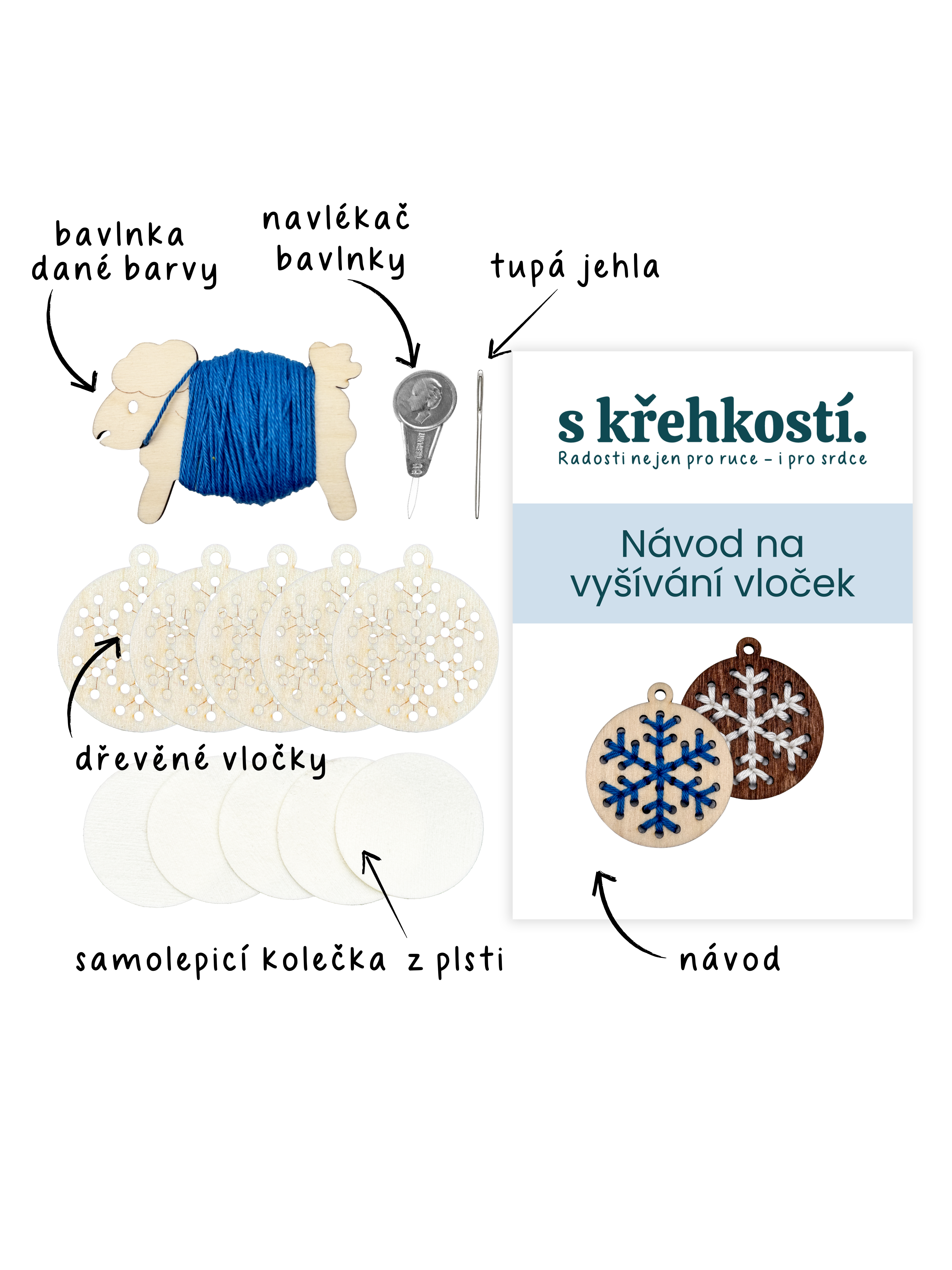 Kreativní sada na vyšívání – Dřevěné vločky přírodní (5 ks)