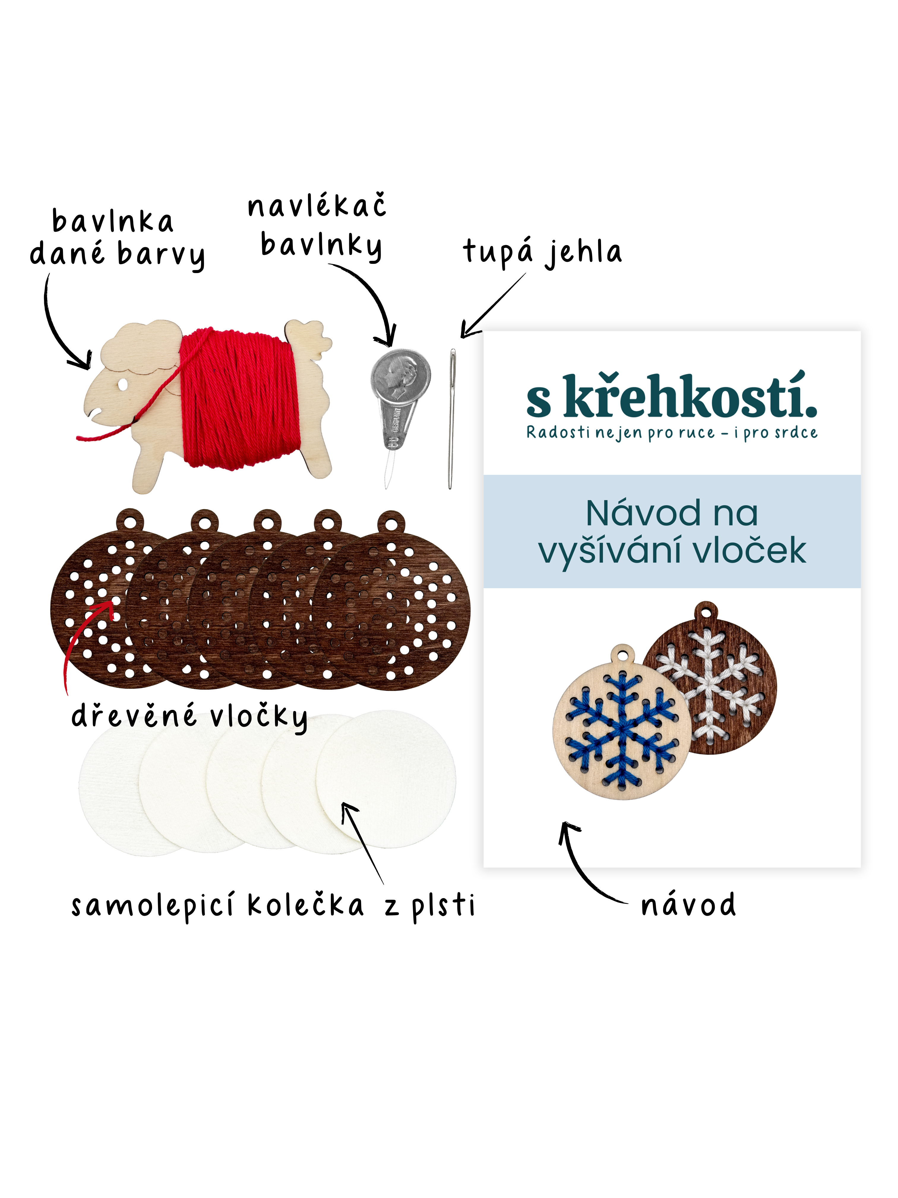 Kreativní sada na vyšívání – Dřevěné vločky tmavé (5 ks)