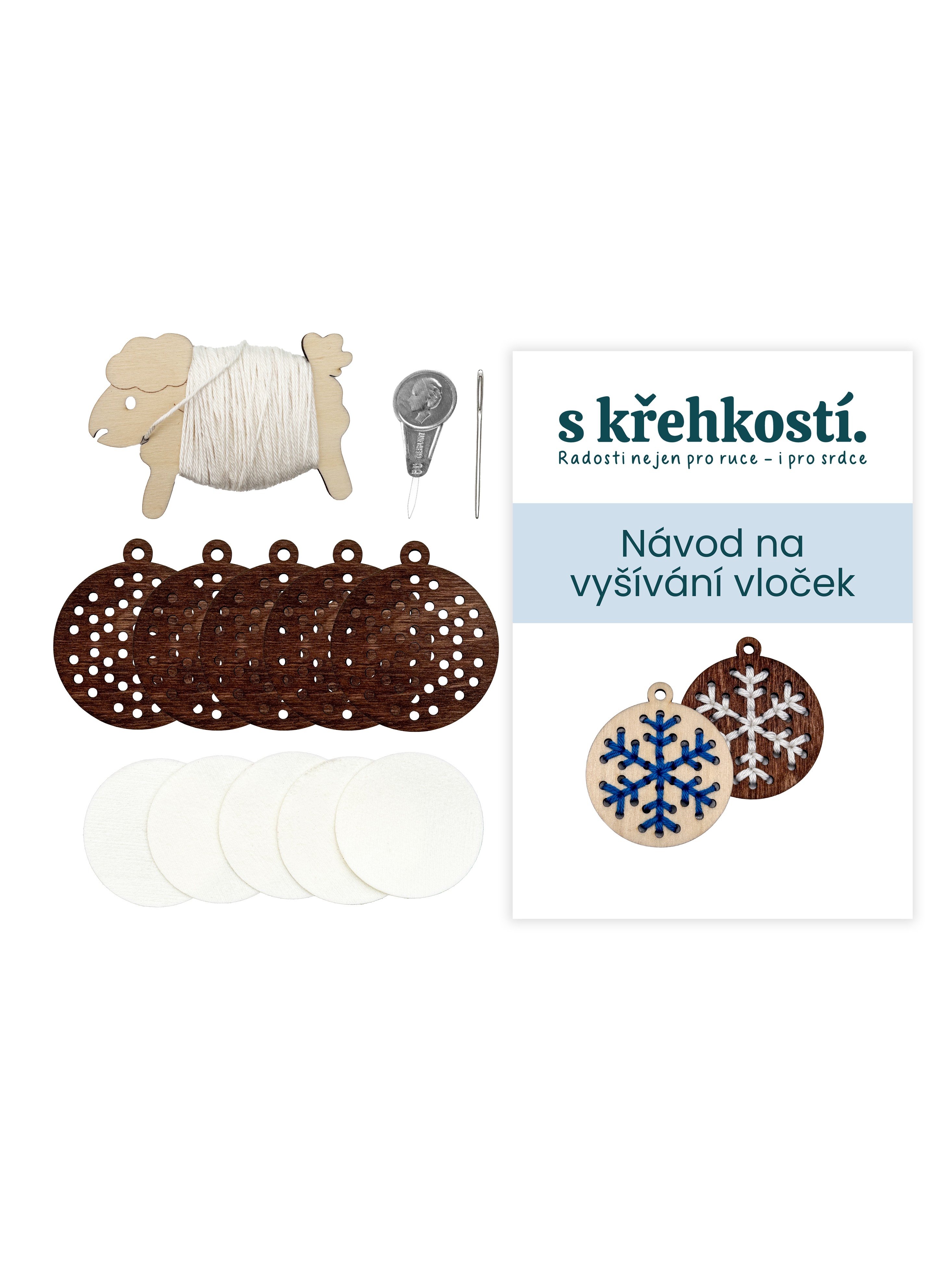 Kreativní sada na vyšívání – Dřevěné vločky tmavé (5 ks)