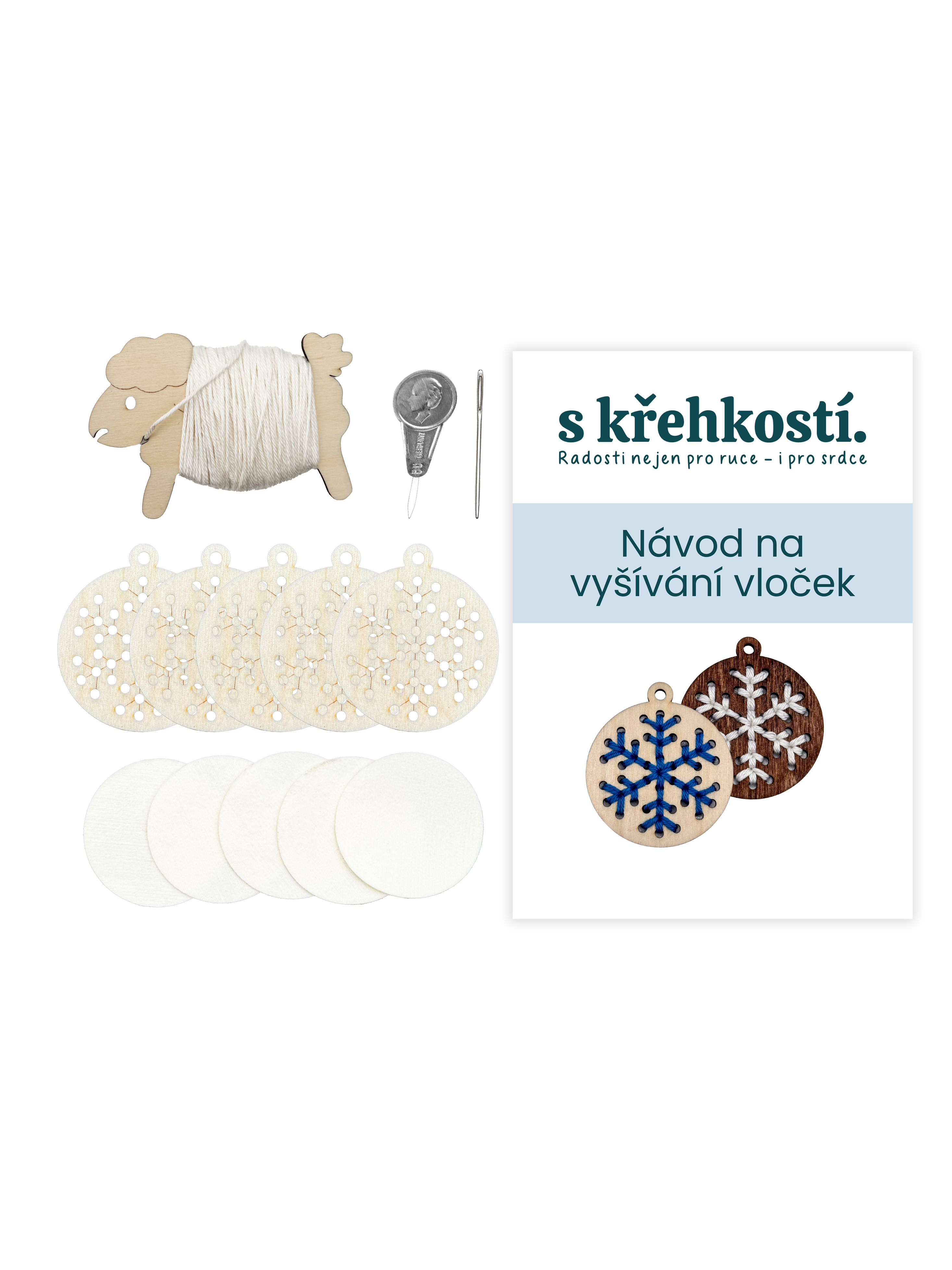 Kreativní sada na vyšívání – Dřevěné vločky přírodní (5 ks)