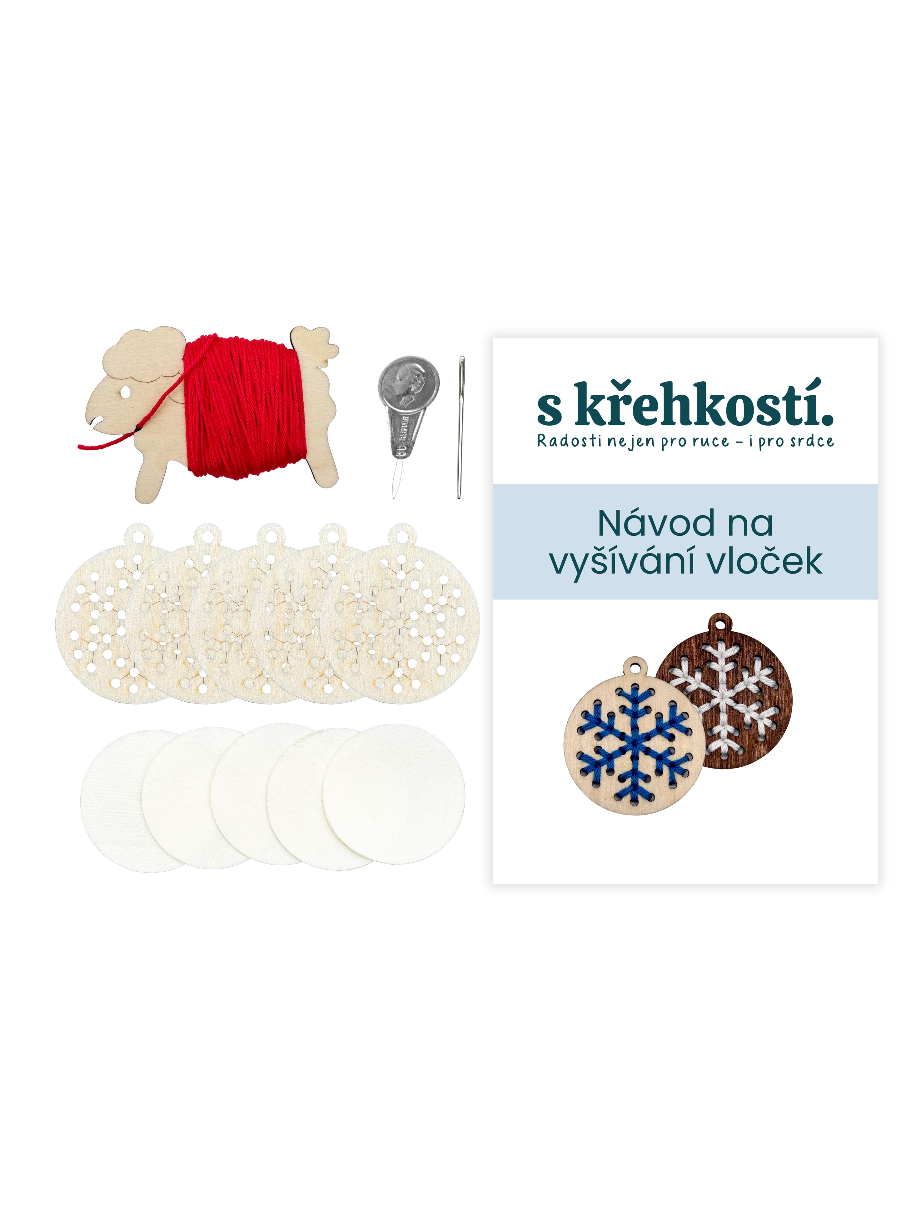 Kreativní sada na vyšívání – Dřevěné vločky přírodní (5 ks)