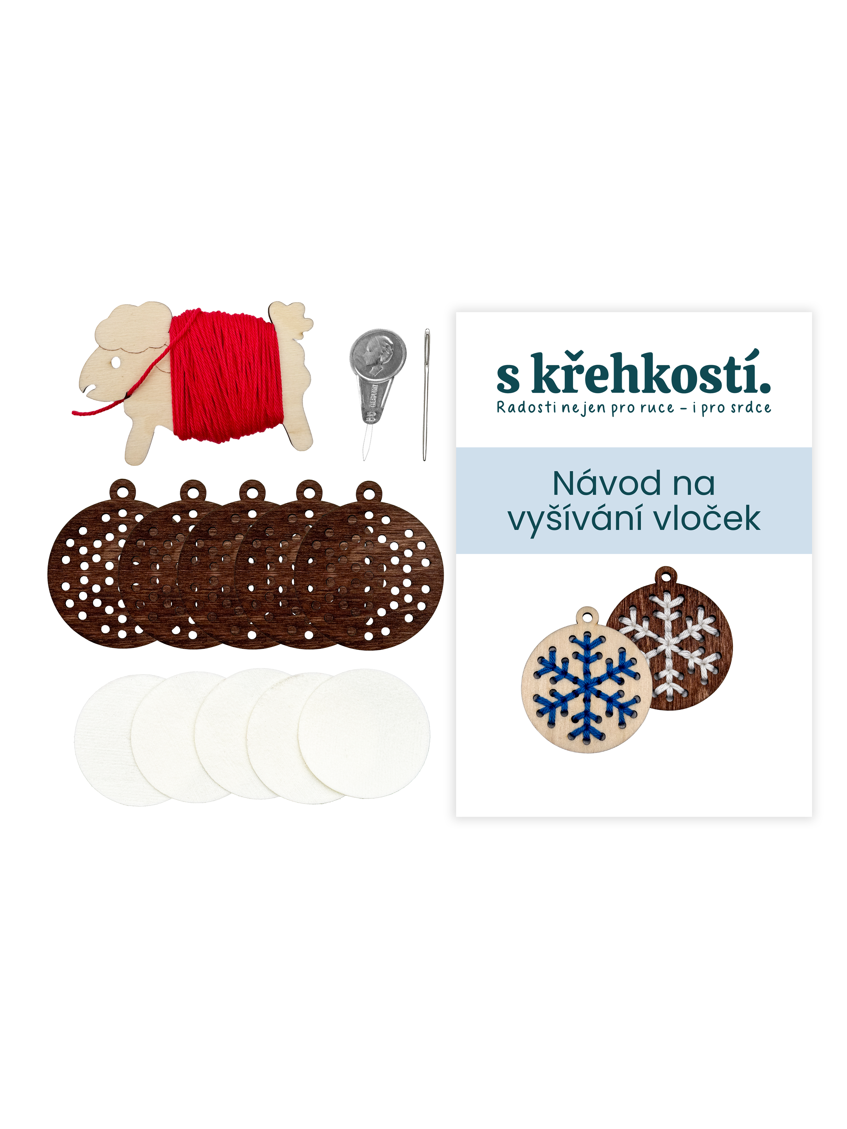 Kreativní sada na vyšívání – Dřevěné vločky tmavé (5 ks)