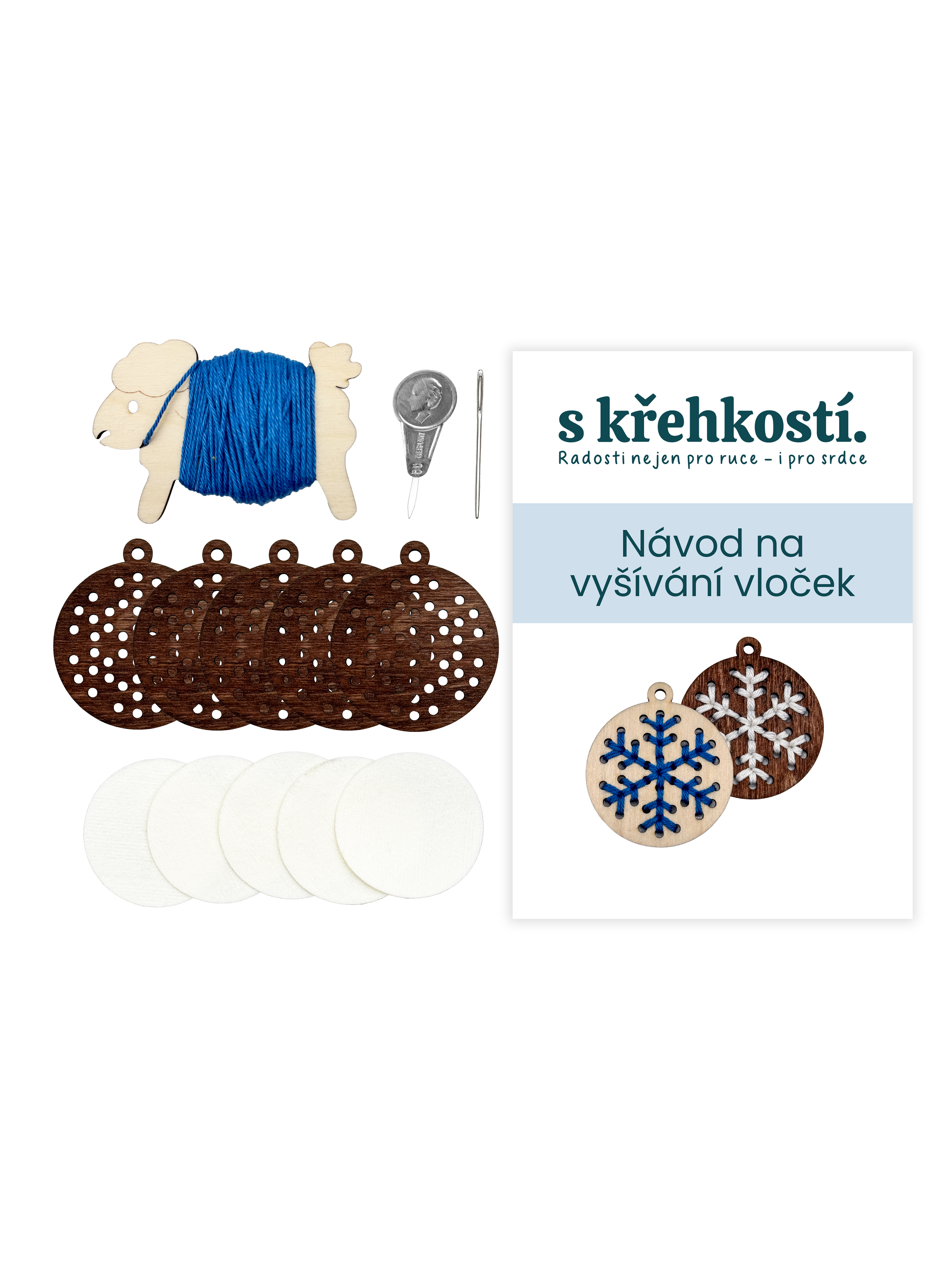 Kreativní sada na vyšívání – Dřevěné vločky tmavé (5 ks)