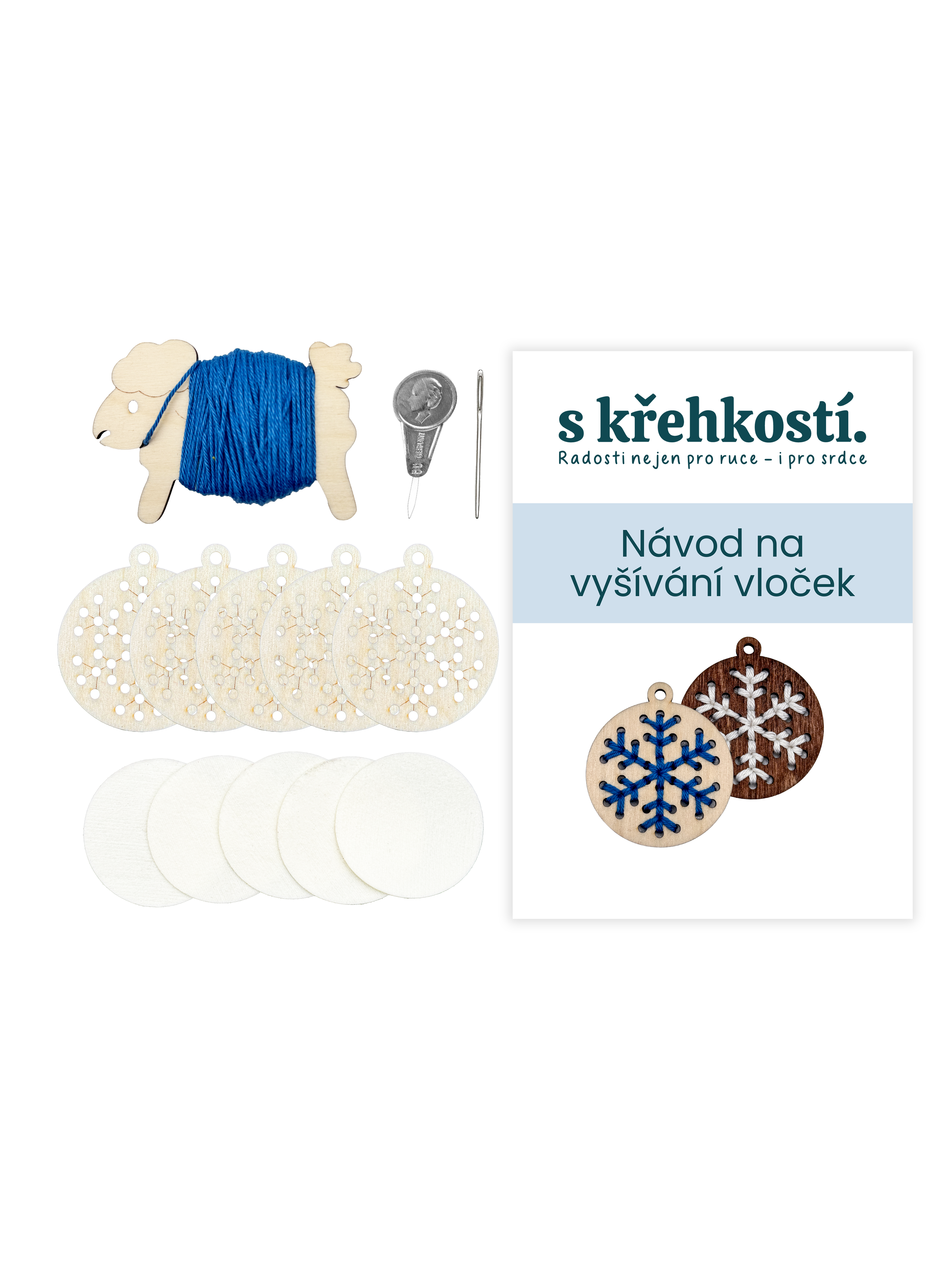 Kreativní sada na vyšívání – Dřevěné vločky přírodní (5 ks)