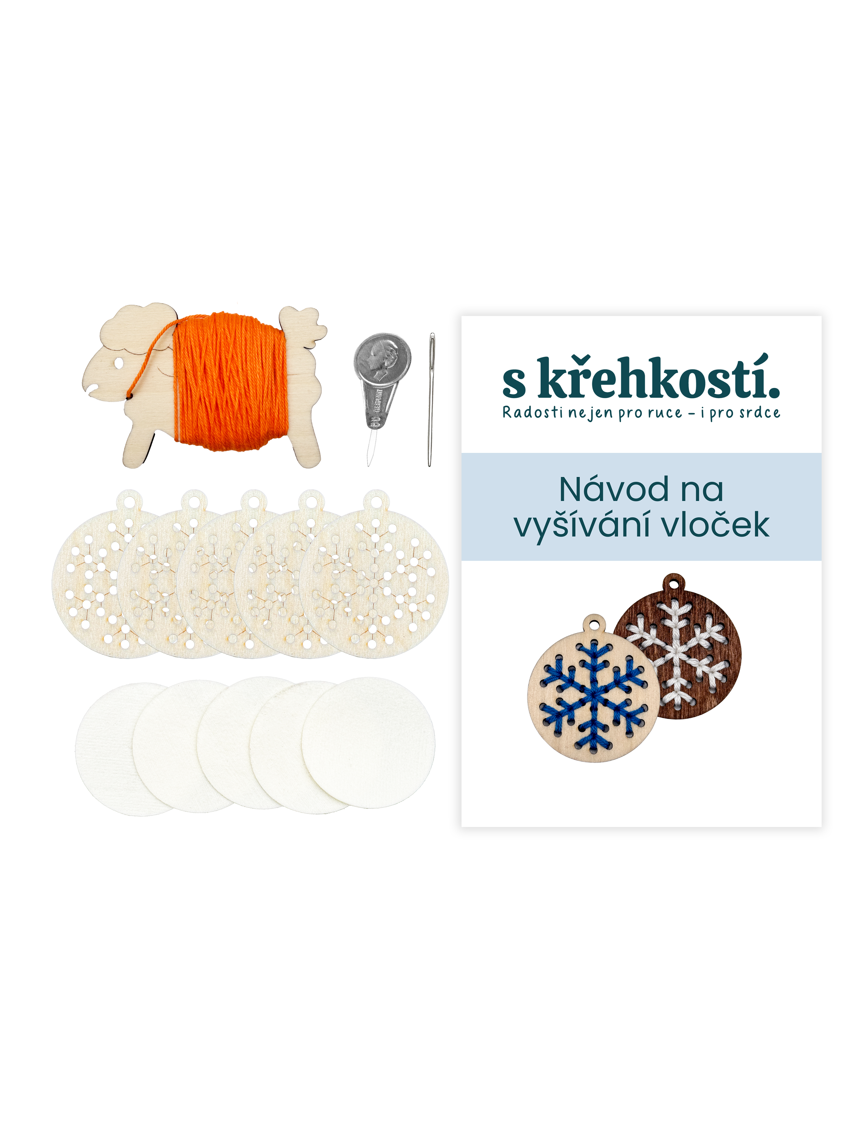 Kreativní sada na vyšívání – Dřevěné vločky přírodní (5 ks)