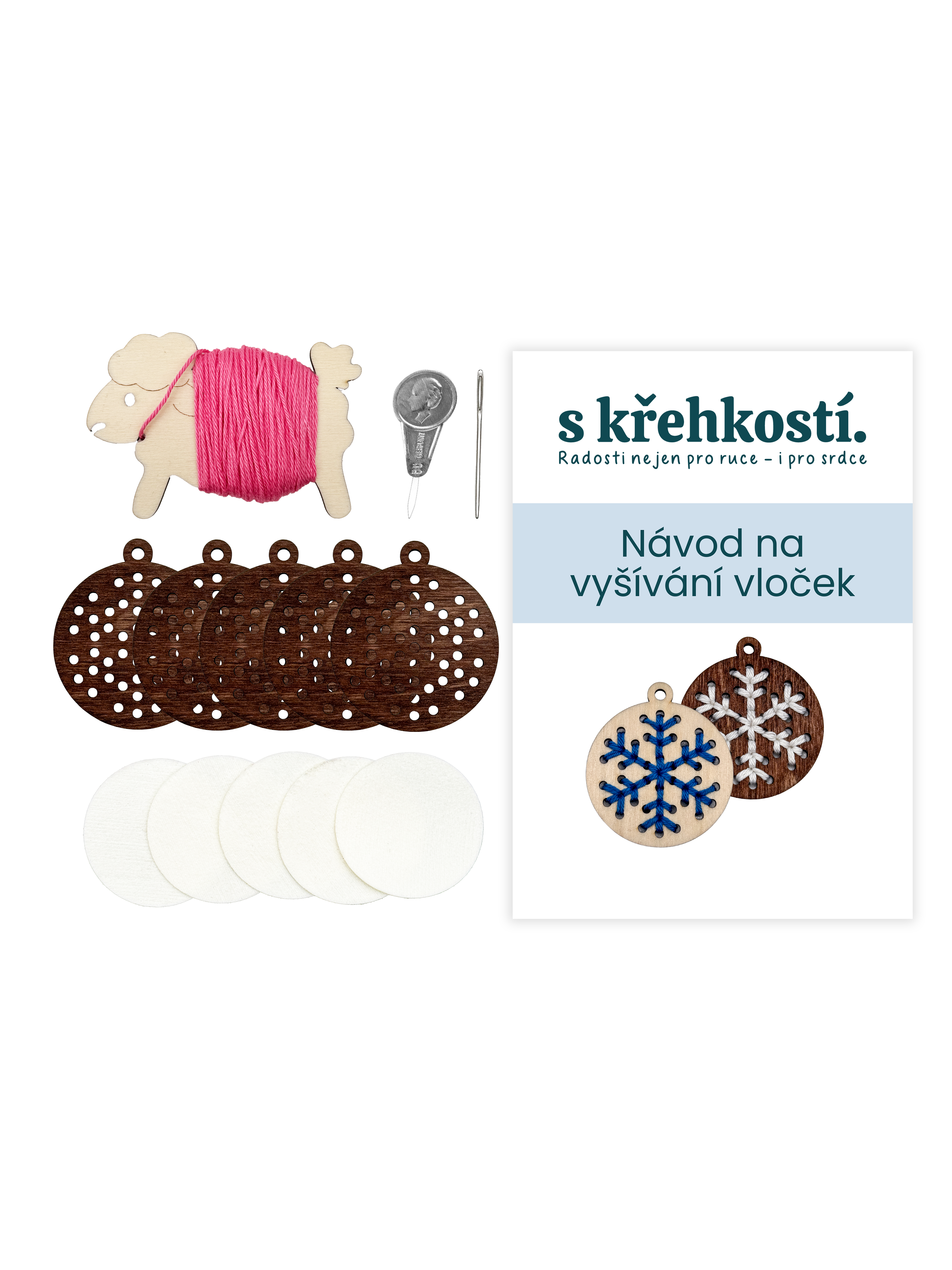 Kreativní sada na vyšívání – Dřevěné vločky tmavé (5 ks)