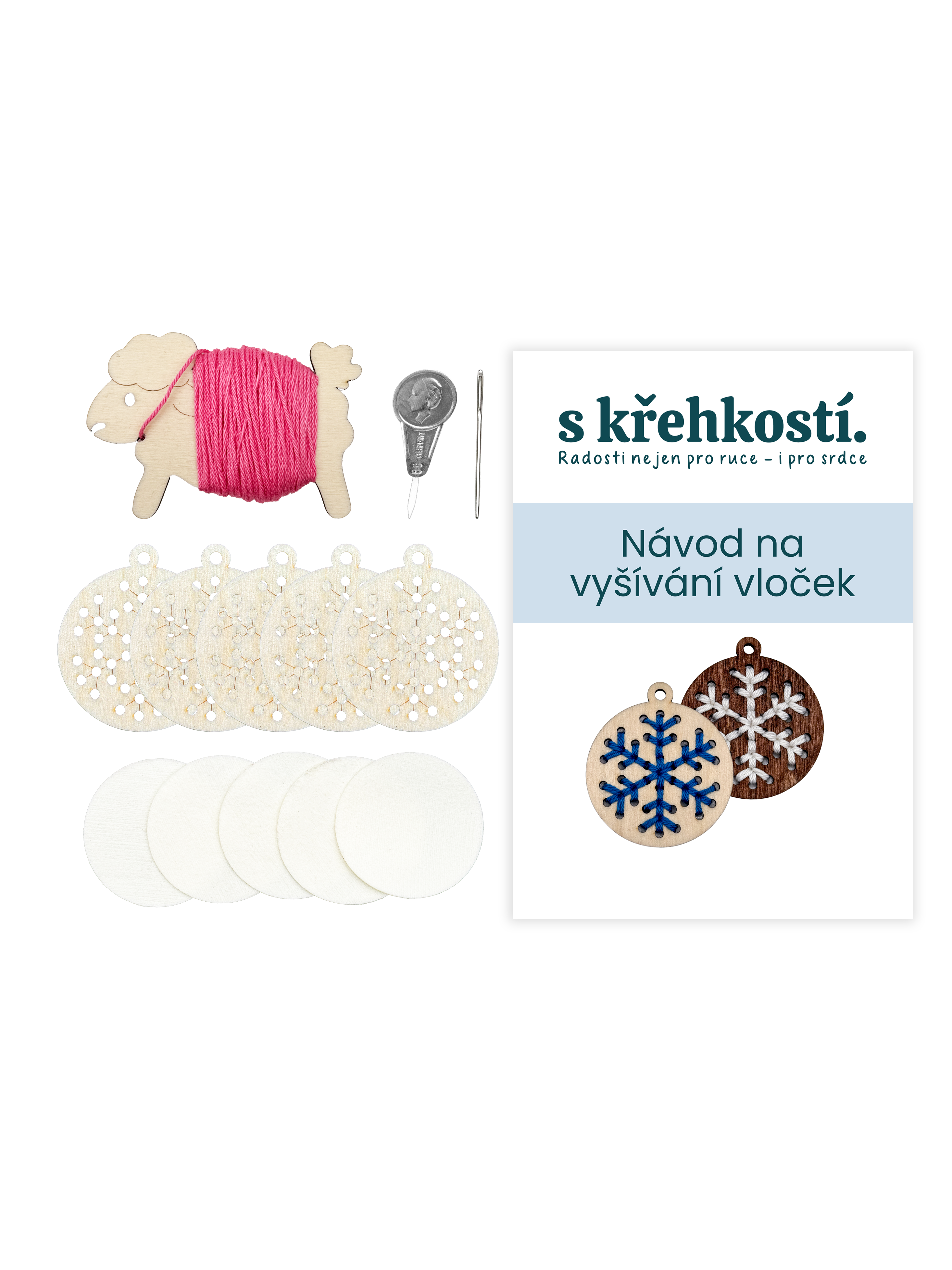 Kreativní sada na vyšívání – Dřevěné vločky přírodní (5 ks)