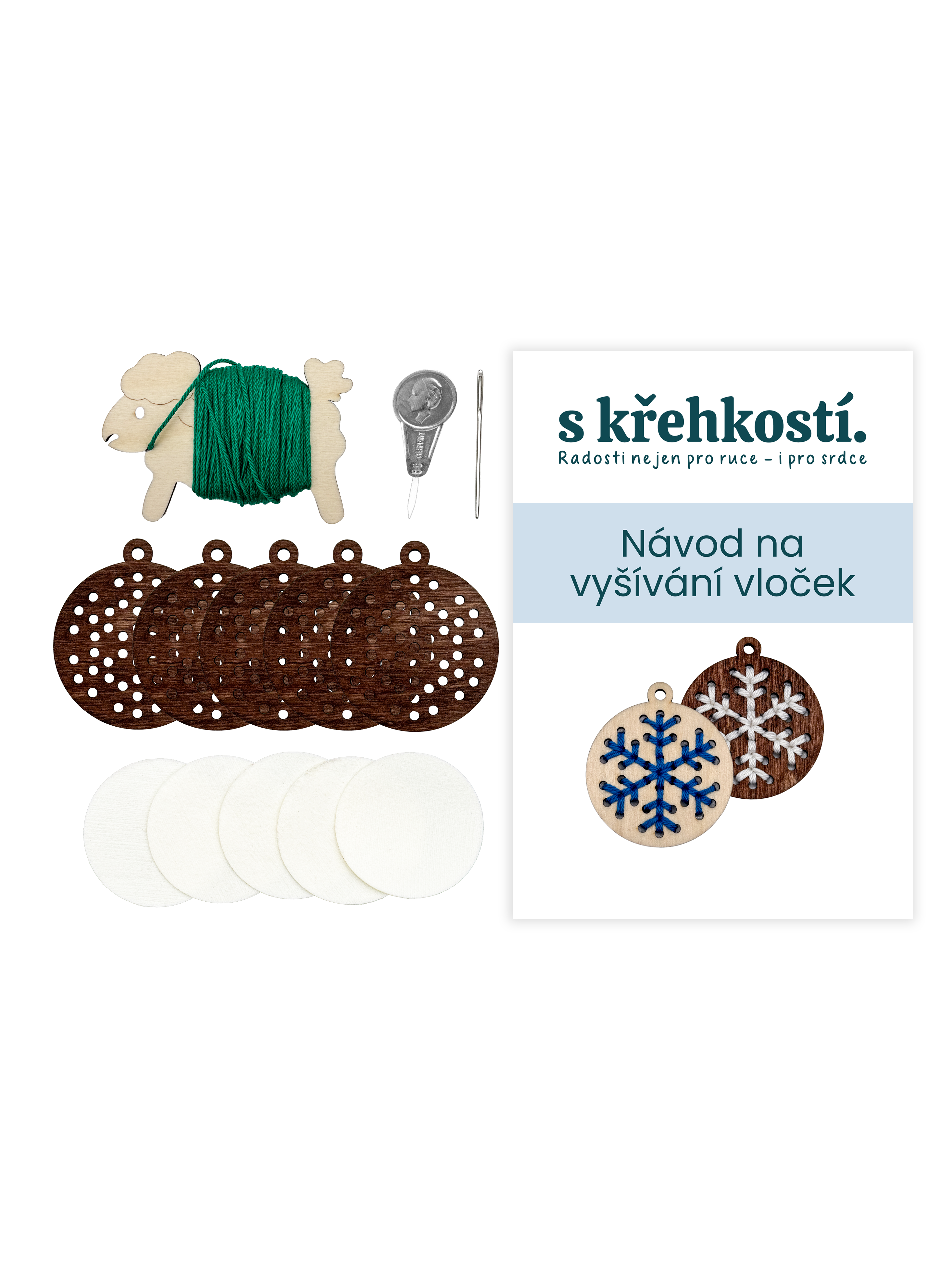 Kreativní sada na vyšívání – Dřevěné vločky tmavé (5 ks)