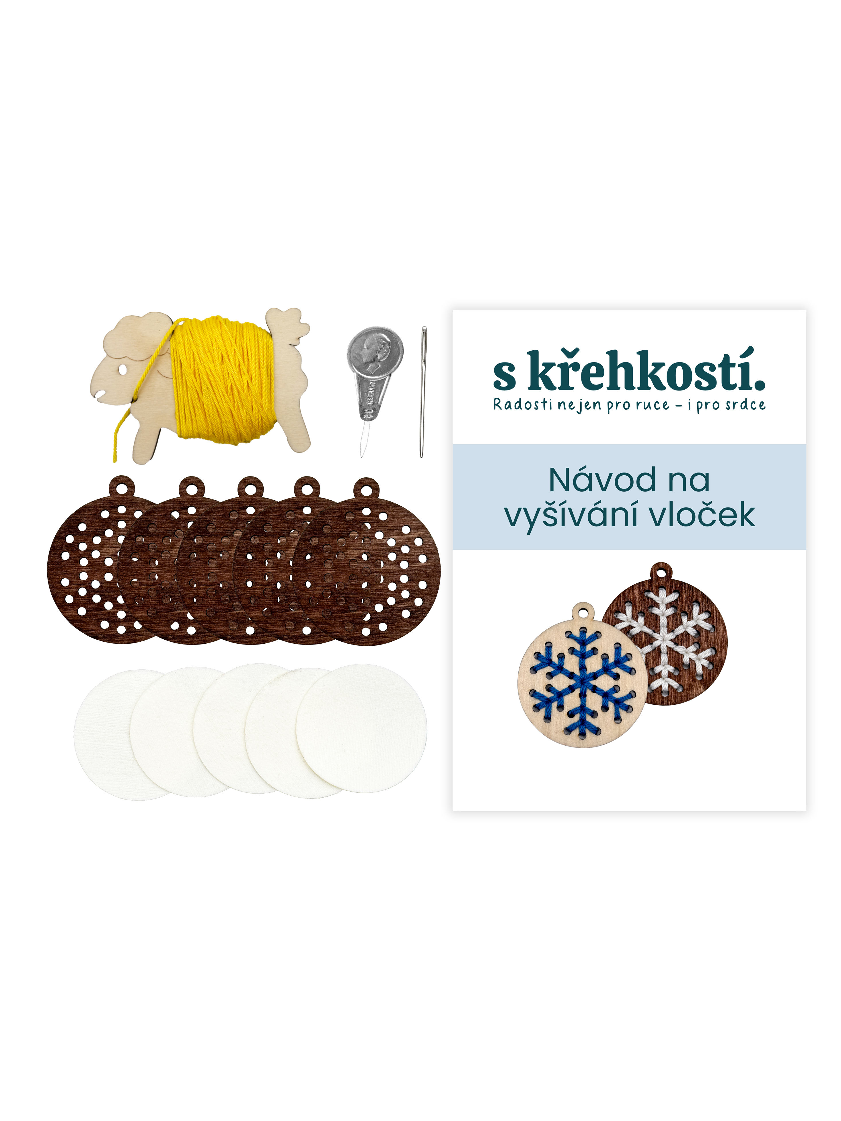 Kreativní sada na vyšívání – Dřevěné vločky tmavé (5 ks)