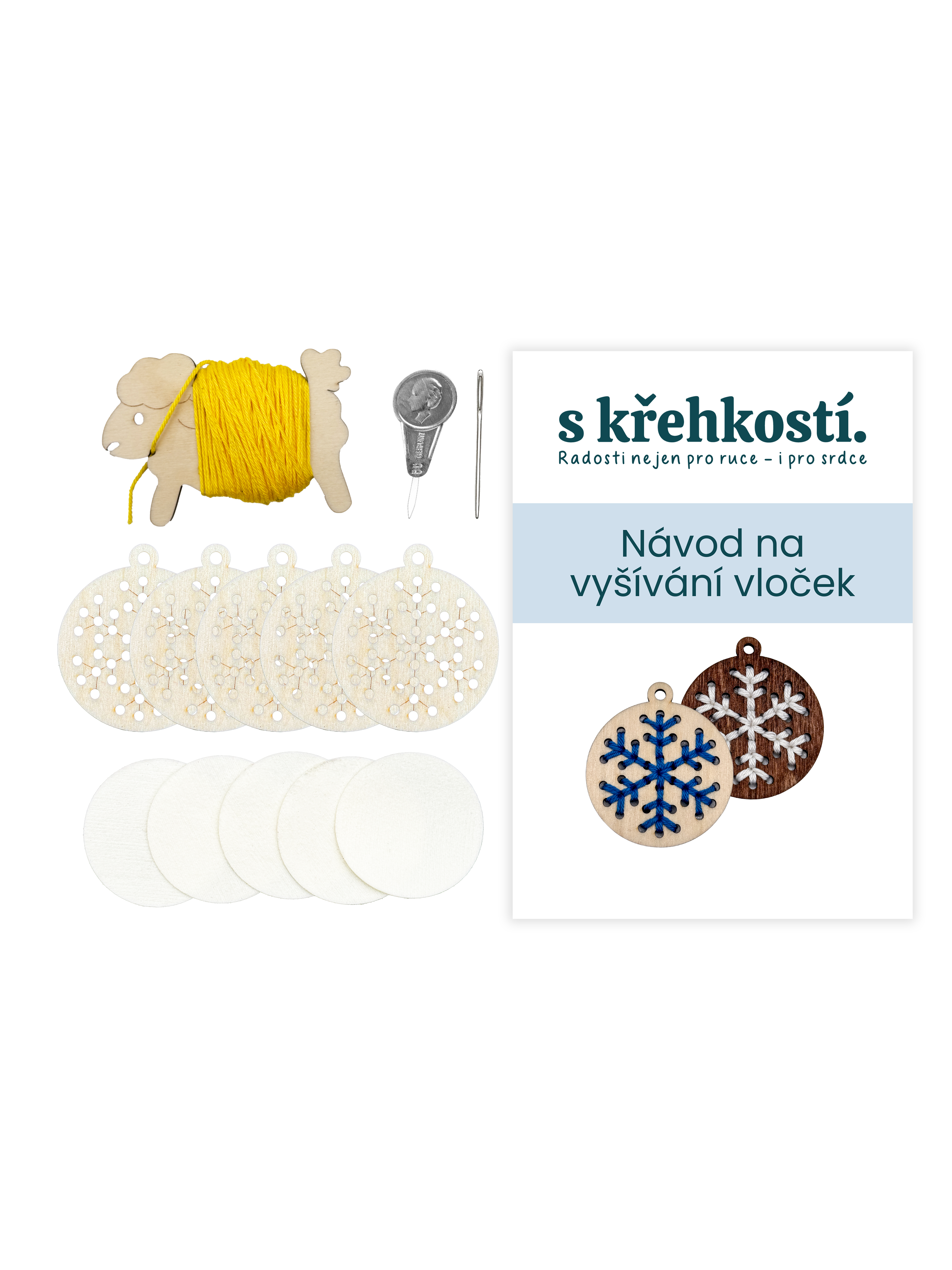 Kreativní sada na vyšívání – Dřevěné vločky přírodní (5 ks)